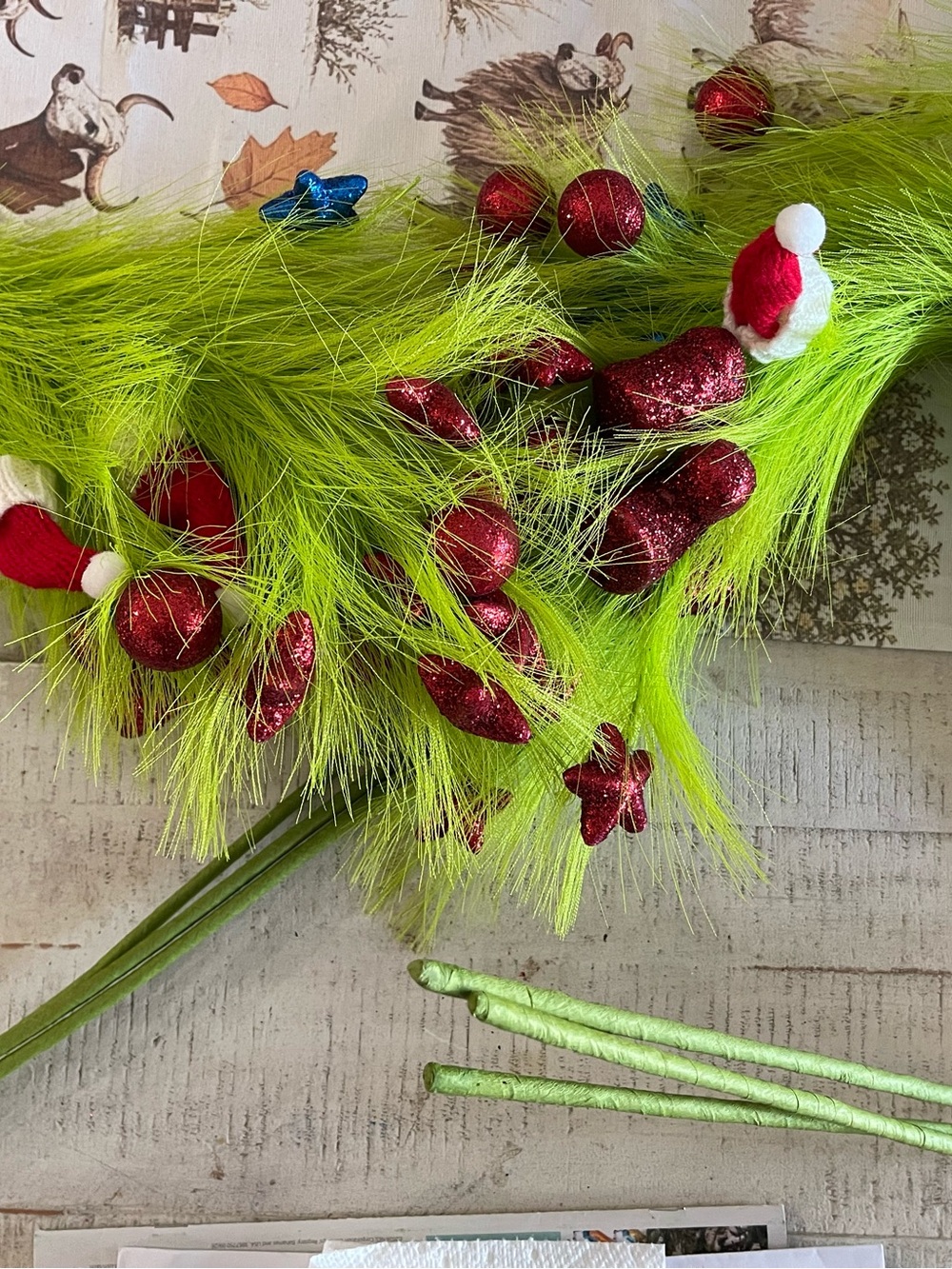 Amazon Lime Green Faux Grass Pick with Red Glitter Ornaments